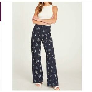 NWT Driftwood Embroidered Navy Floral Pants NEW pinstripe wide leg trousers XL L